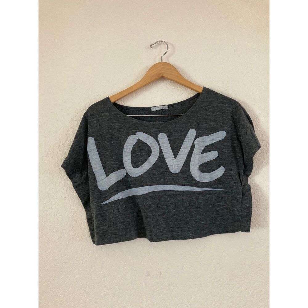 Poetry Women's LOVE Graphic Cropped Tee Short Sleeve Charcoal Gray Size Medium